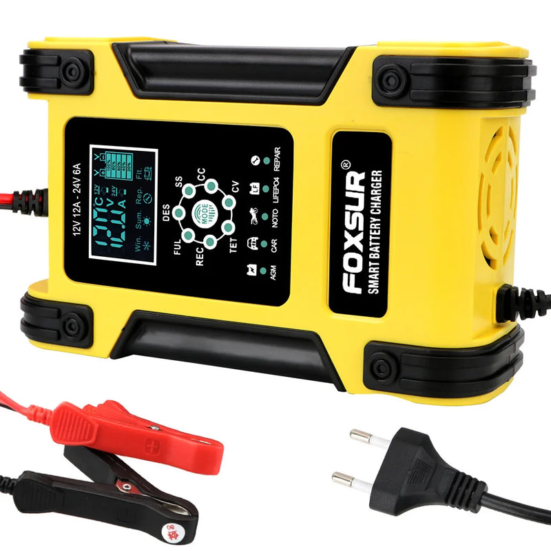 Carregador de Bateria de Carro e Motocicleta com Display LCD