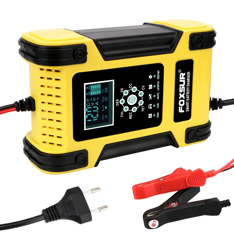 Carregador de Bateria de Carro e Motocicleta com Display LCD
