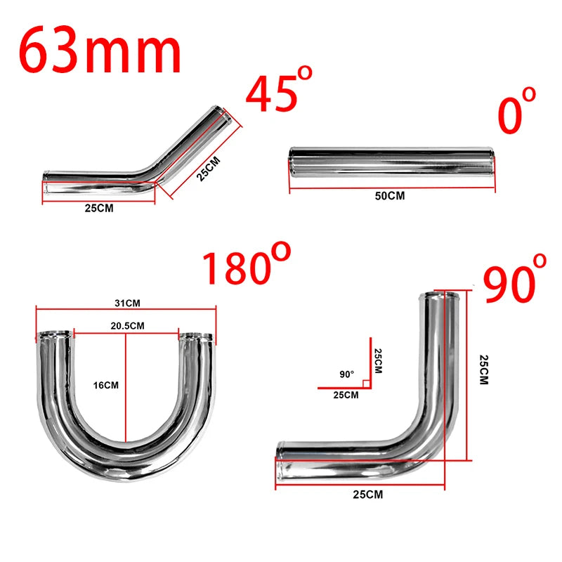 Tubo de alumínio universal 0/45/90/180 graus 2,5 polegadas "63 mm Intercooler.
