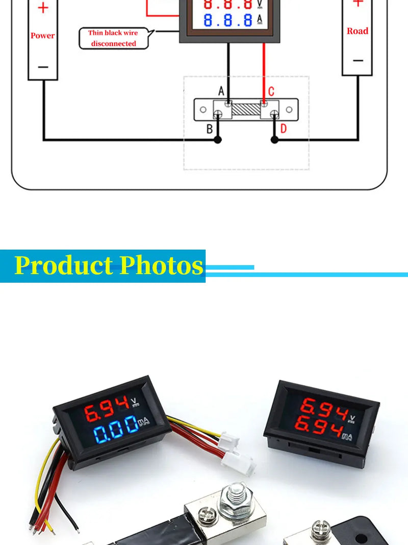 Mini Voltímetro Digital Amperímetro DC0-100V 50A 100A