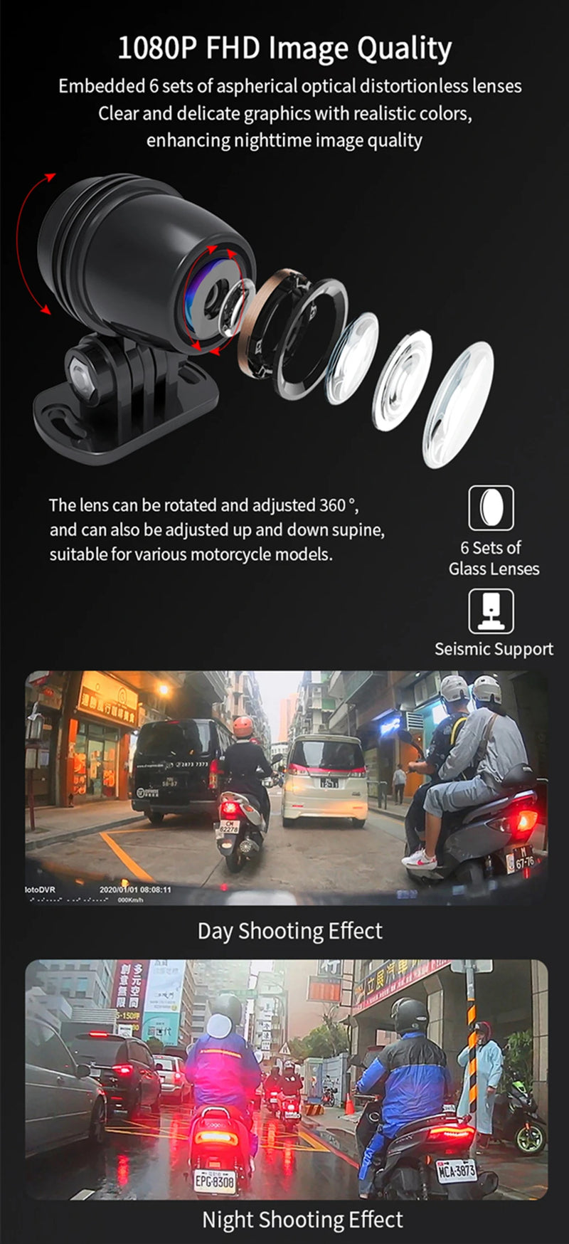 Câmera Dupla 1080P para Motos DVR  à Prova D'Água, WiFi GPS