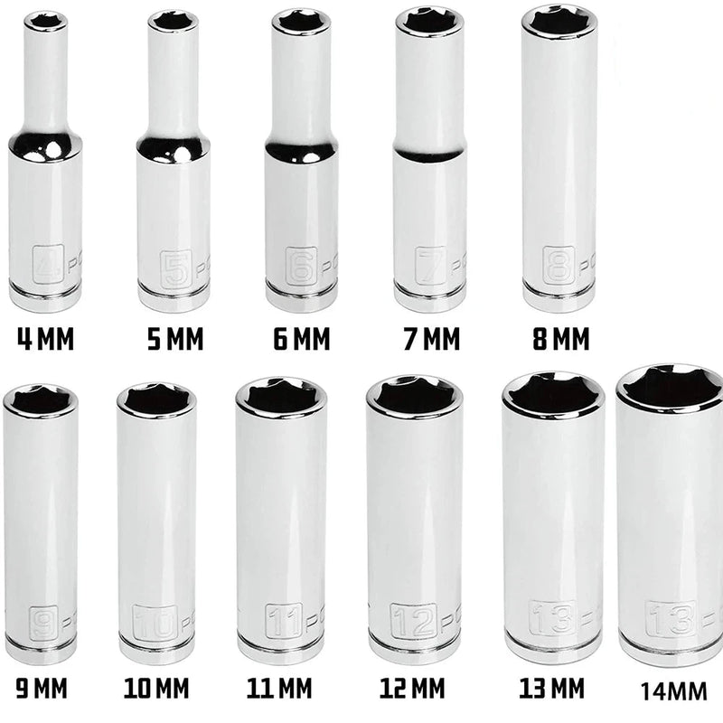 Conjunto de soquetes cromados longos métricos de 11 peças