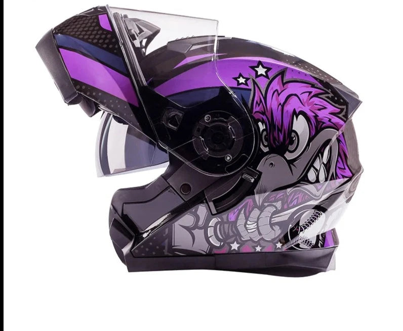 Capacete de motocicleta com viseiras duplas dobrável.