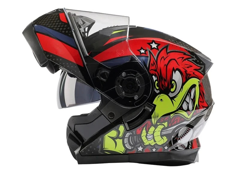 Capacete de motocicleta com viseiras duplas dobrável.