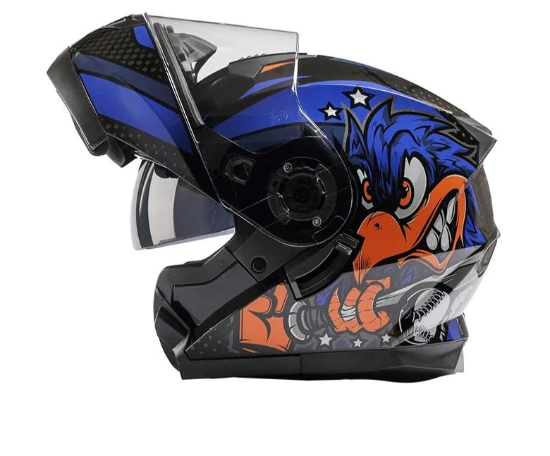 Capacete de motocicleta com viseiras duplas dobrável.