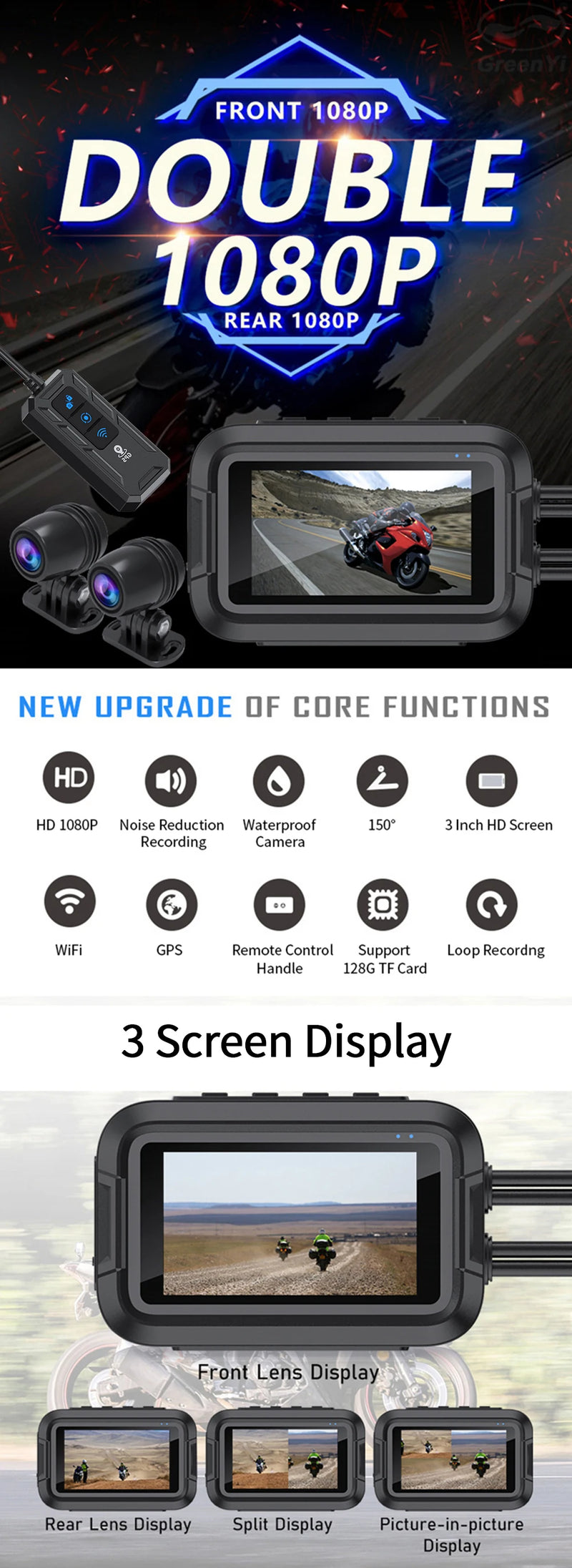 Câmera Dupla 1080P para Motos DVR  à Prova D'Água, WiFi GPS