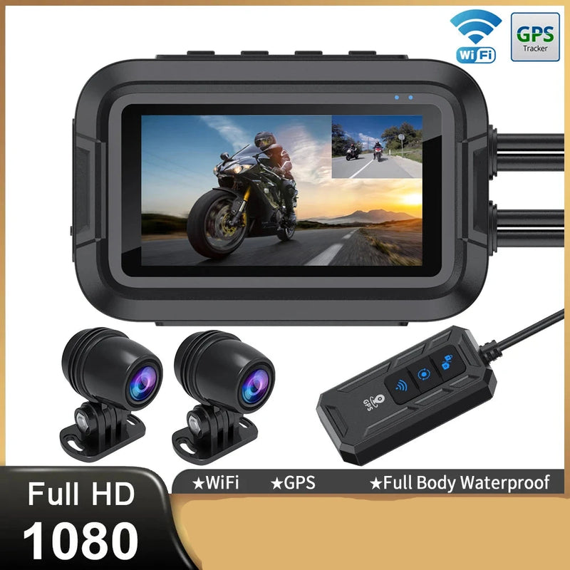 Câmera Dupla 1080P para Motos DVR  à Prova D'Água, WiFi GPS