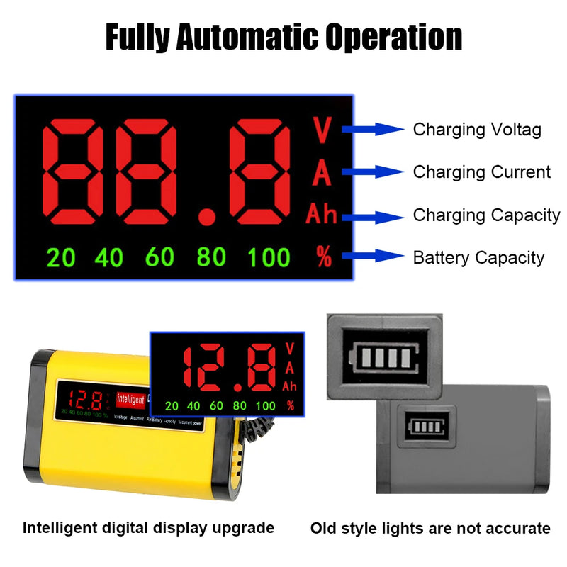 Carregador de Bateria de Carro e Motocicleta com Display LCD