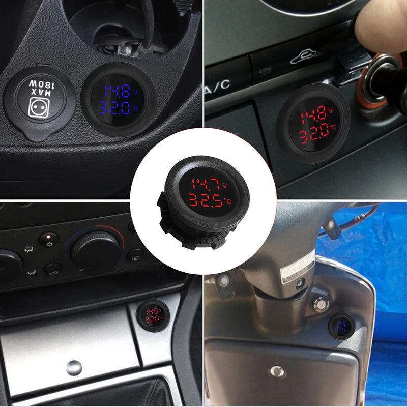 Voltímetro de Temperatura Redondo para Carro 12-24 Digital